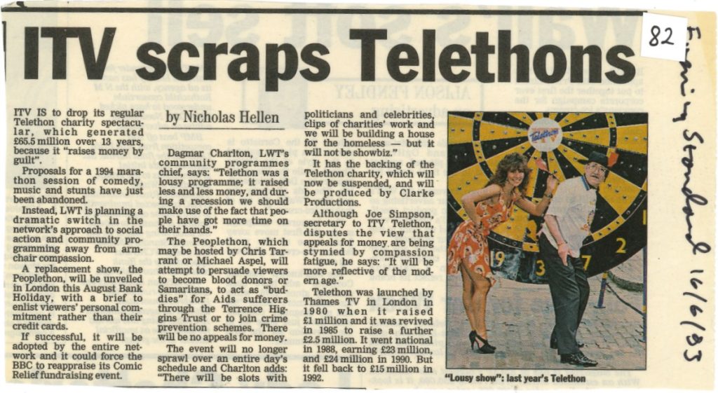 Newspaper clipping with headline "ITV scraps Telethons". Text of article in the linked Word document at the bottom of this post.
