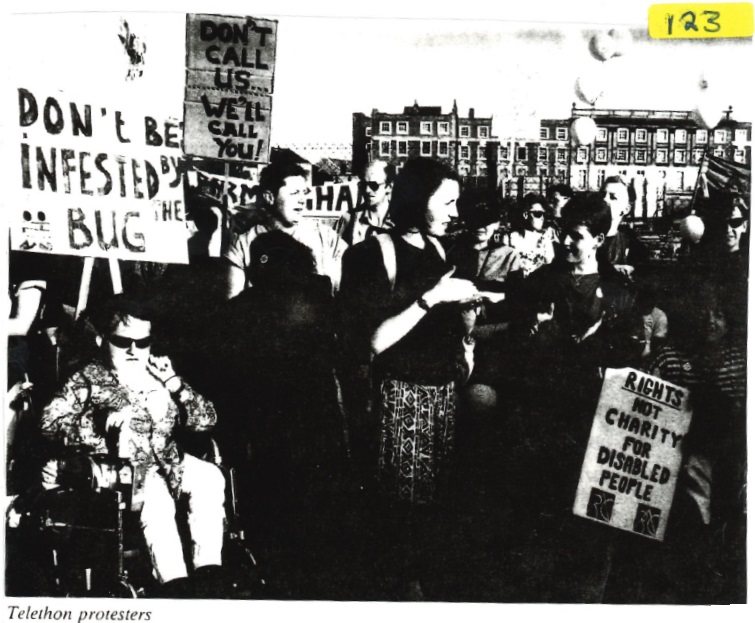 Newspaper photograph of anti-Telethon protest