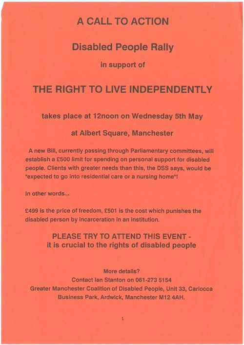 Image of flyer, Call To Action for the Live Independently rally, Manchester, 1993