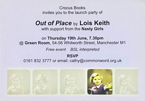 Image of postcard promoting the launch of Lois Keith's book, Out Of Place, Manchester, 2003