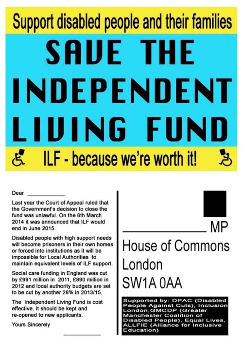 Image of postcard to send to MPs for the Save The Independent Living Fund campaign, 2014