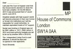 Save Independent Living Fund postcard reverse