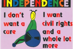 Image of a postcard with the words, independence I Don't Want A Cure, promoting the Independence Festival, Manchester, 1997