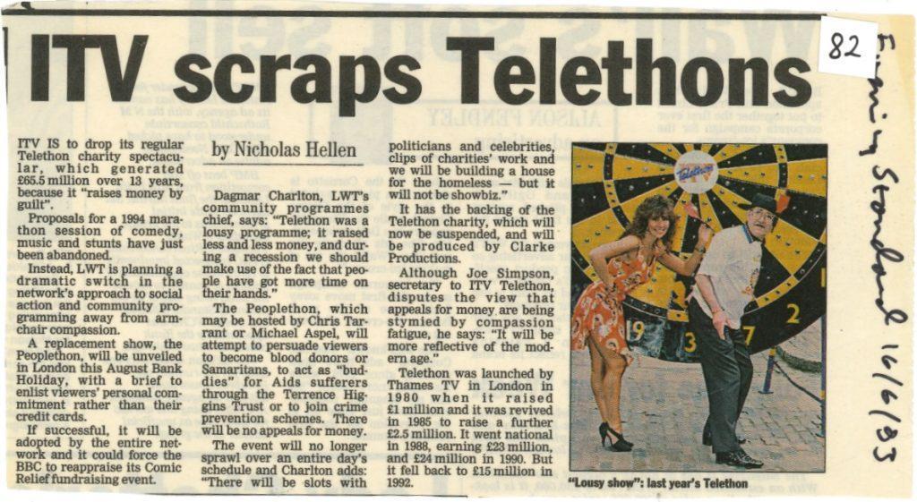 Newspaper clipping with headline \"ITV scraps Telethons\"