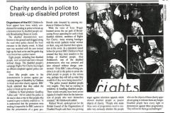 Newspaper clipping with headline \"Charity sends in police to break-up disabled protest\"